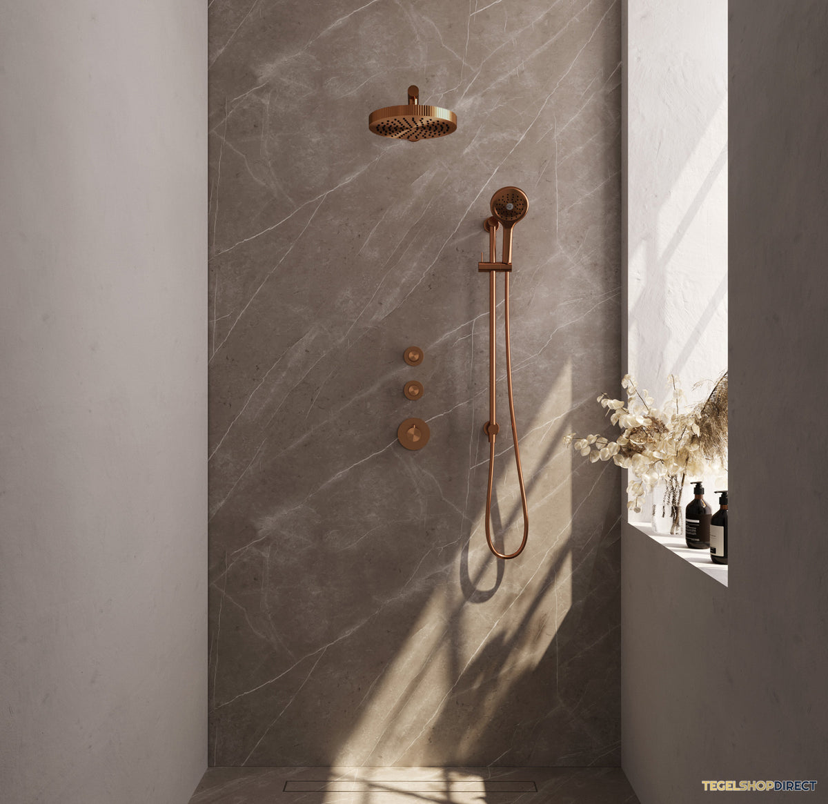 Brauer Stripe thermostatische inbouw regendouche SET 10 met 25 cm douchekop en rechte muurarm en 3-standen handdouche en doucheslang en geintegreerde glijstang koper geborsteld PVD – afbeelding 2