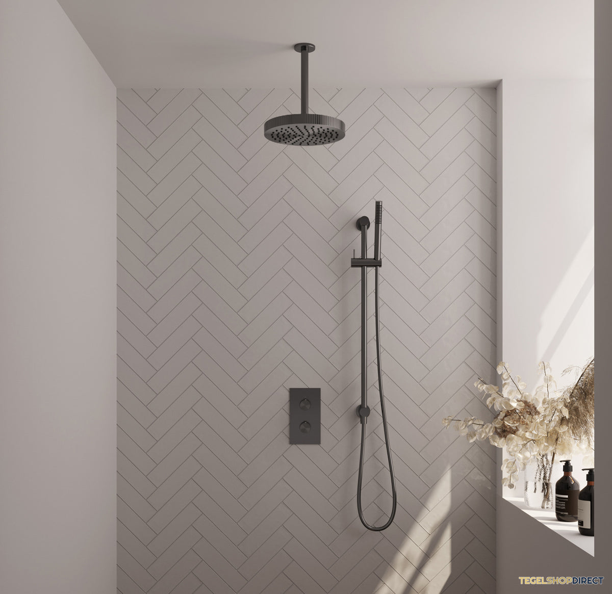 Brauer Stripe thermostatische inbouw regendouche 3-weg rechthoekig SET 21 met 25 cm douchekop en plafondarm en staaf handdouche en doucheslang en geintegreerde glijstang gunmetal geborsteld PVD
