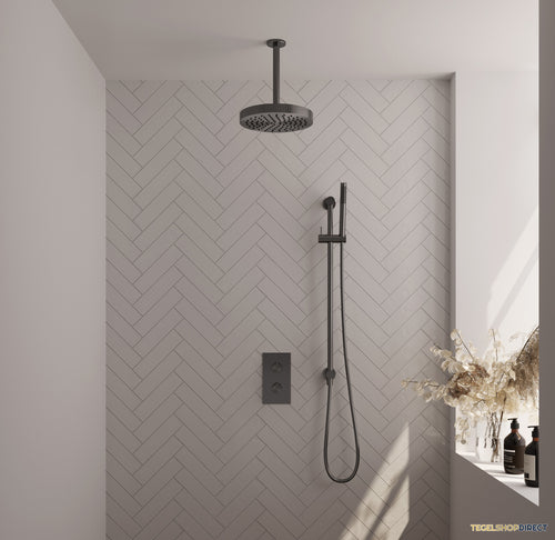 Brauer Stripe thermostatische inbouw regendouche 3-weg rechthoekig SET 21 met 25 cm douchekop en plafondarm en staaf handdouche en doucheslang en geintegreerde glijstang gunmetal geborsteld PVD