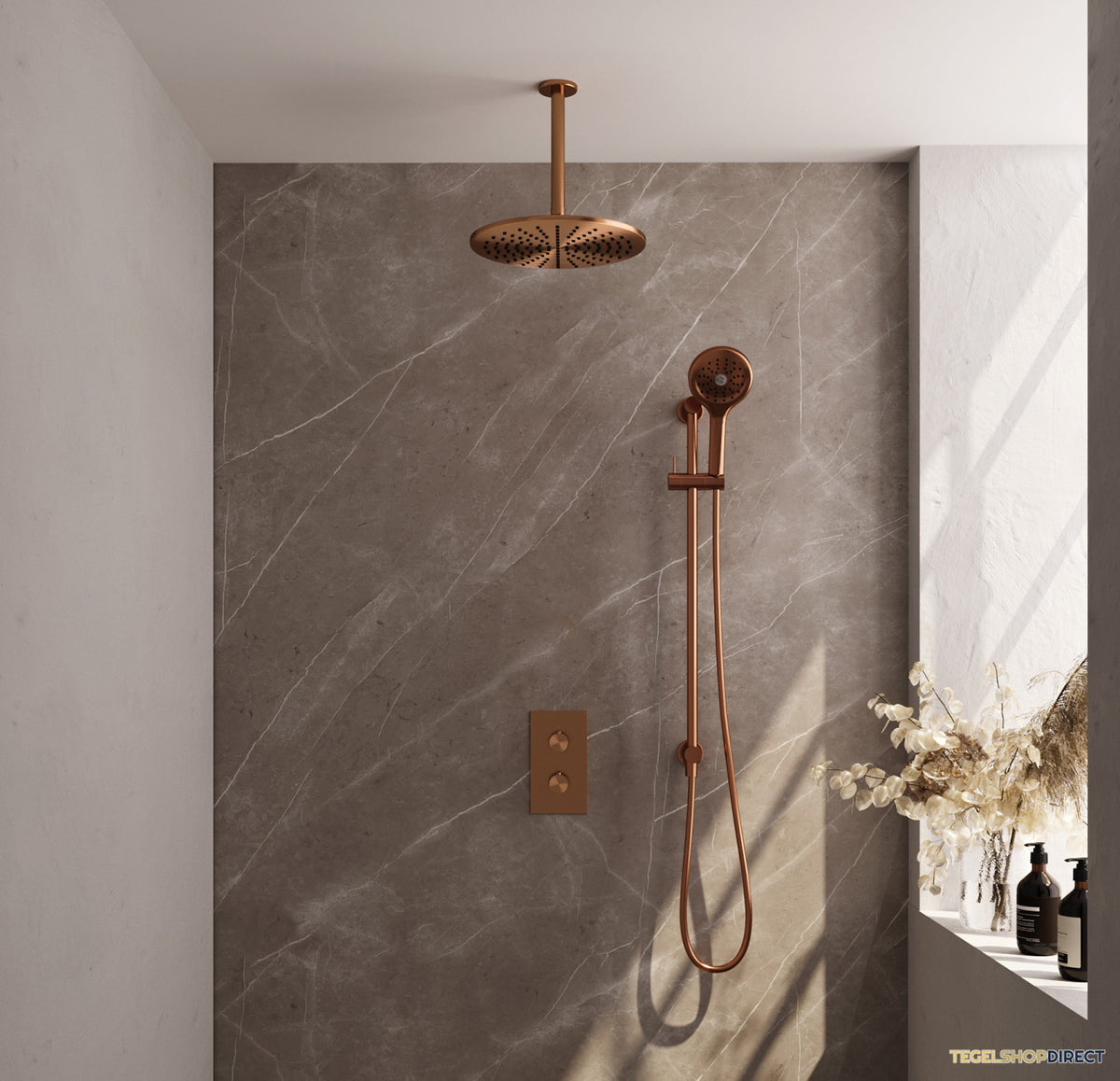Inbouw Regendouche Set Brauer Copper Edition Plafond Uitloop Ronde Hoofddouche 30 cm Met Glijstang en Handdouche 3 Standen Koper