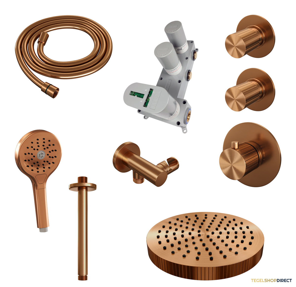 Brauer Stripe thermostatische inbouw regendouche SET 06 met 25 cm douchekop en plafondarm en 3-standen handdouche en doucheslang en wandaansluitbocht koper geborsteld PVD – afbeelding 3