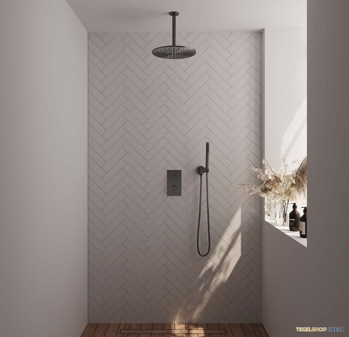 Regendoucheset Inbouw Brauer Gunmetal Edition Thermostatisch 30cm met 3-Weg Omstelling, Plafondarm en Staaf Handdouche Geborsteld Gunmetal – afbeelding 2