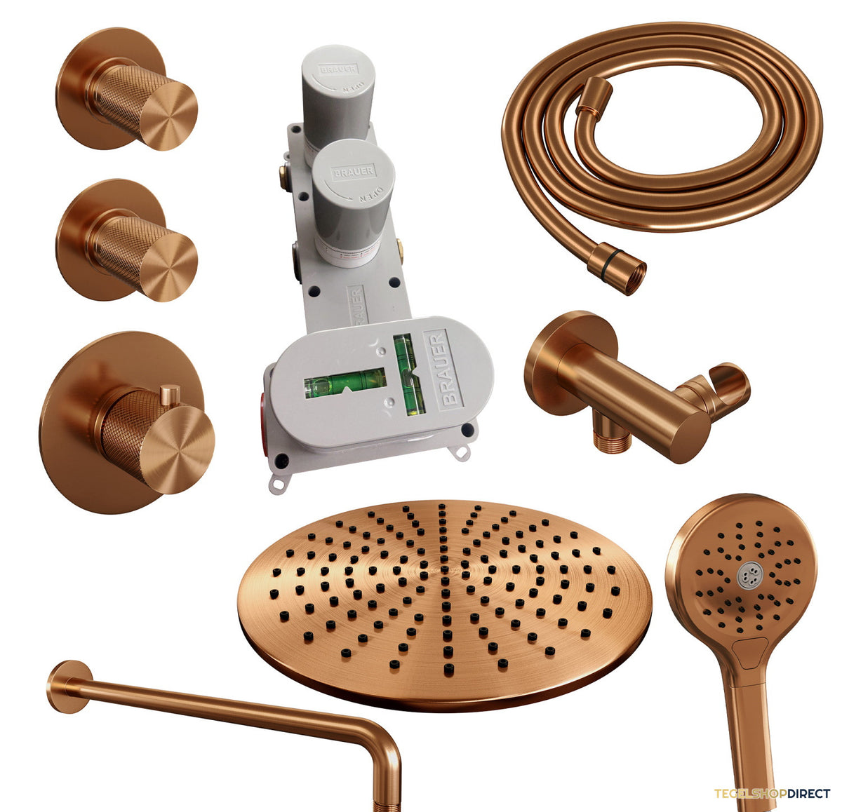 Regendoucheset Inbouw Brauer Copper Carving Thermostatisch 30cm met Gebogen Wandarm en Handdouche 3-Standen Losse Stopkranen Geborsteld Koper – afbeelding 4