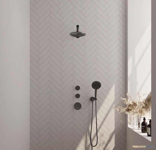Regendoucheset Inbouw Brauer Gunmetal Carving Thermostatisch 20cm met Wandarm en Handdouche 3-Standen Losse Stopkranen Geborsteld Gunmetal