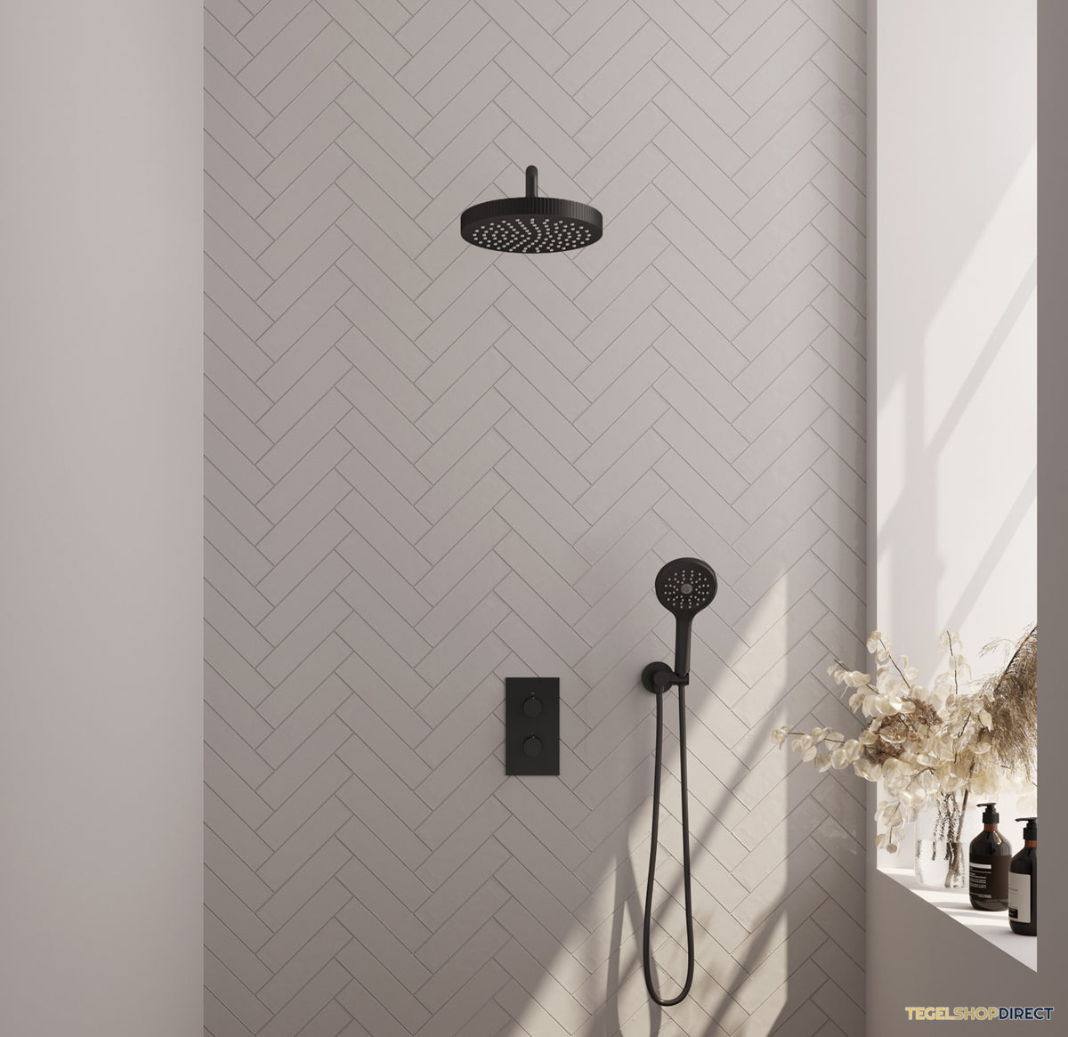 Brauer Stripe thermostatische inbouw regendouche 3-weg rechthoekig SET 17 met 25 cm douchekop en gebogen muurarm en 3-standen handdouche en doucheslang en wandaansluitbocht mat zwart