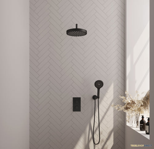 Brauer Stripe thermostatische inbouw regendouche 3-weg rechthoekig SET 17 met 25 cm douchekop en gebogen muurarm en 3-standen handdouche en doucheslang en wandaansluitbocht mat zwart