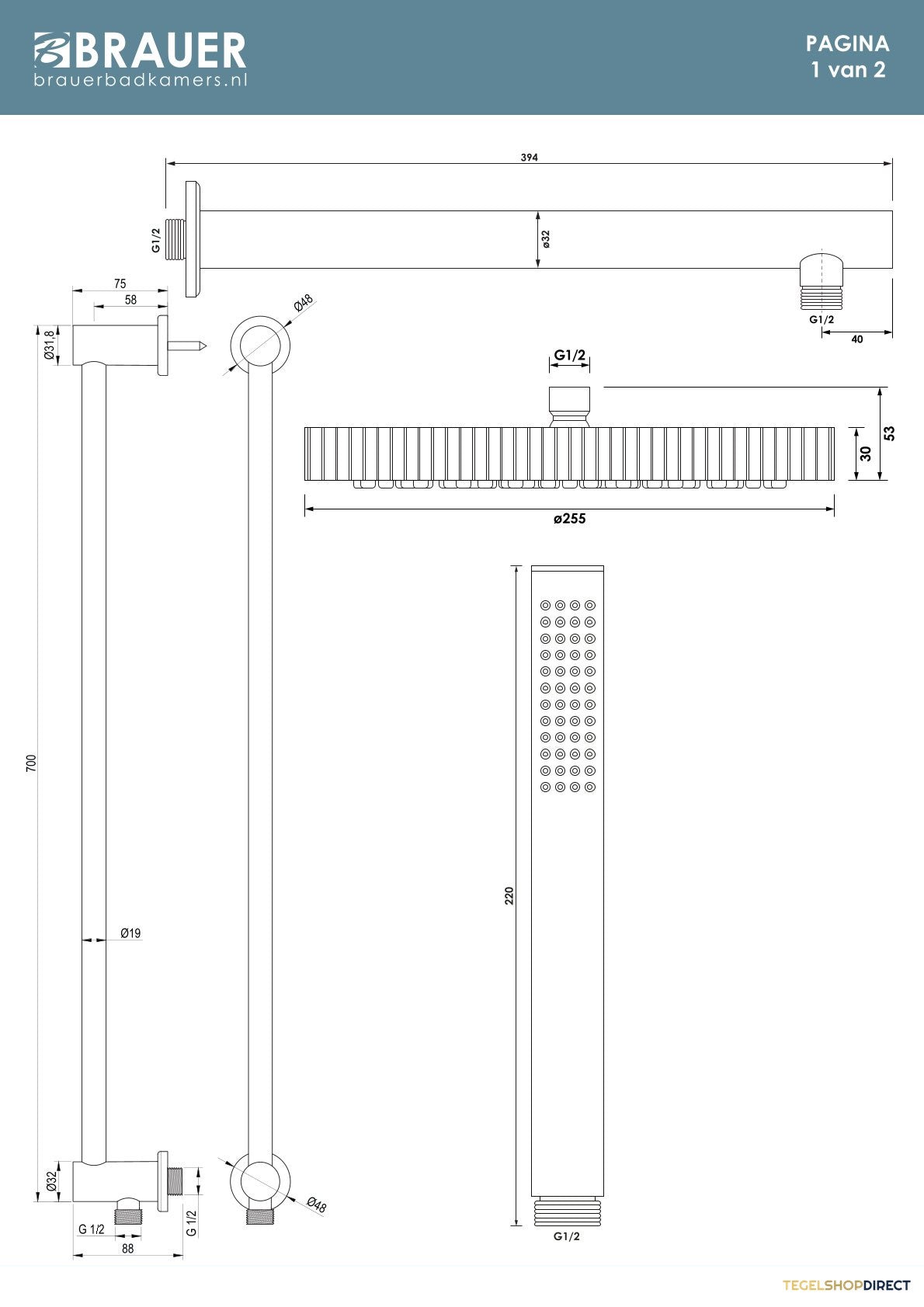 Brauer Stripe thermostatische inbouw regendouche met drukknoppen SET 31 met 25 cm douchekop en rechte muurarm en staaf handdouche en doucheslang en geintegreerde glijstang chroom – afbeelding 9
