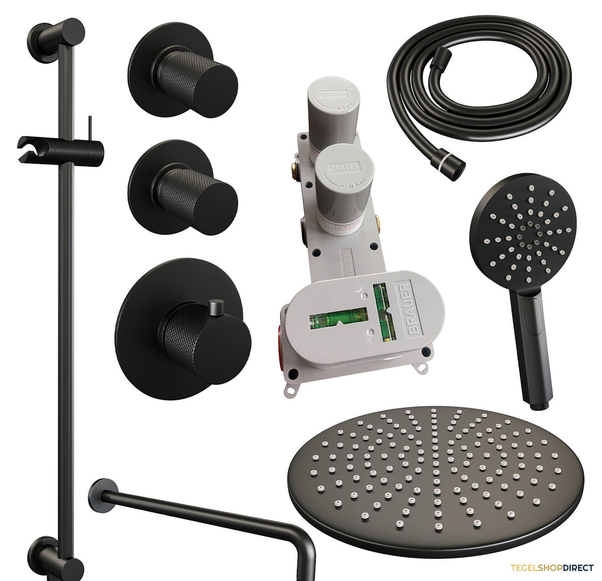 Regendoucheset Inbouw Brauer Black Carving Thermostatisch 30cm met Gebogen Wandarm, Glijstang en Handdouche 3-Standen Mat Zwart – afbeelding 3