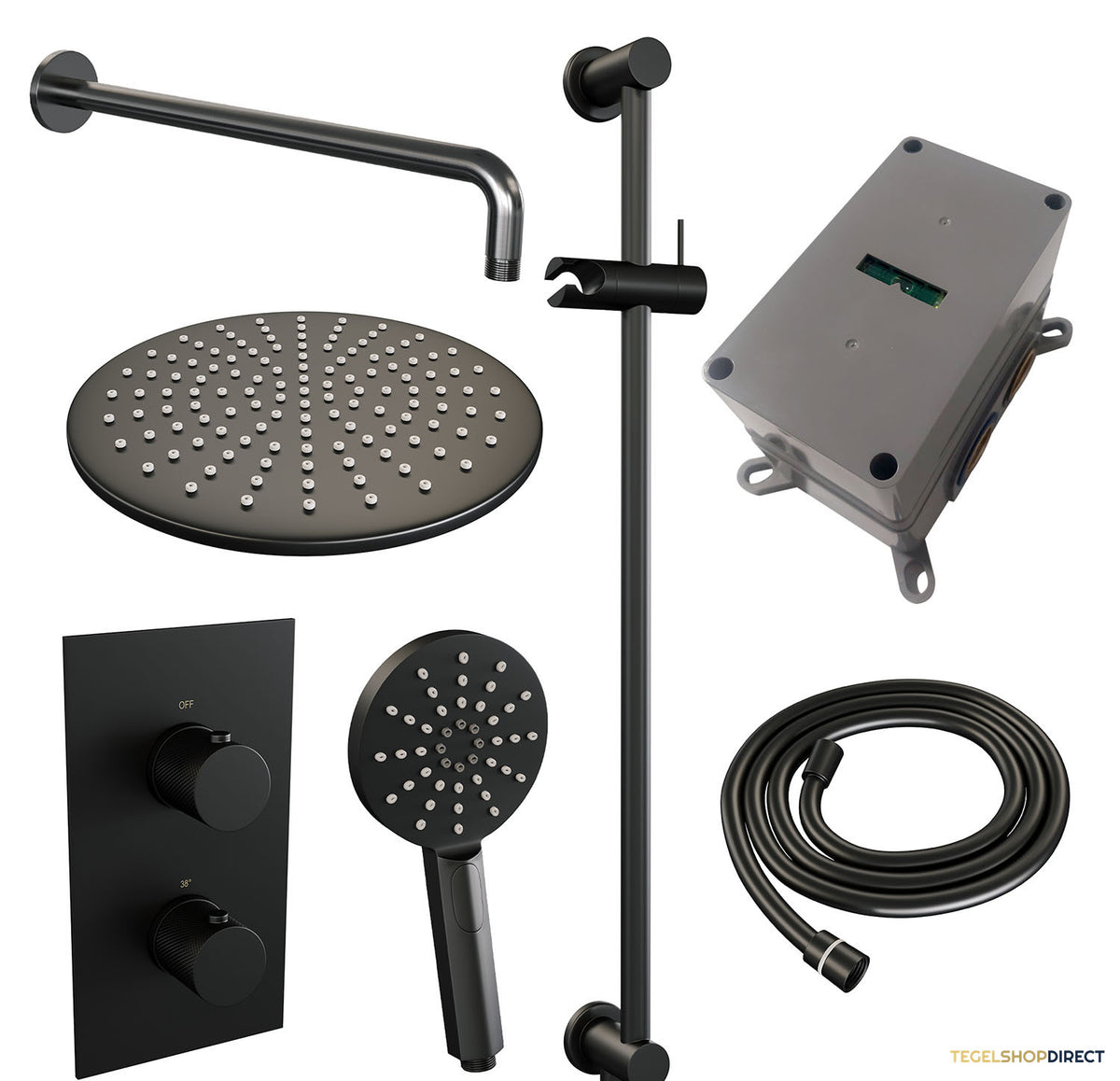 Regendoucheset Inbouw Brauer Black Carving Thermostatisch 30cm 3-Weg Omstelling Gebogen Wandarm Glijstang 3-Standen Handdouche Mat Zwart