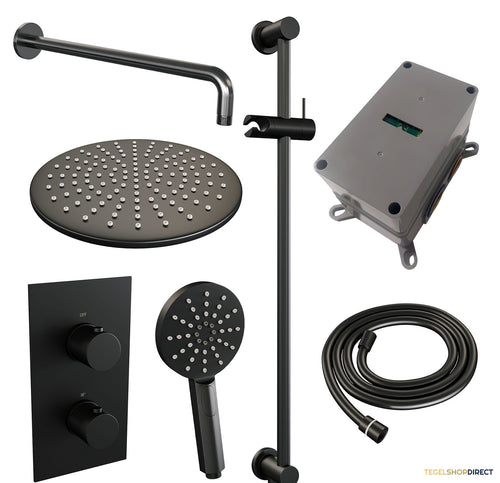 Regendoucheset Inbouw Brauer Black Carving Thermostatisch 30cm 3-Weg Omstelling Gebogen Wandarm Glijstang 3-Standen Handdouche Mat Zwart
