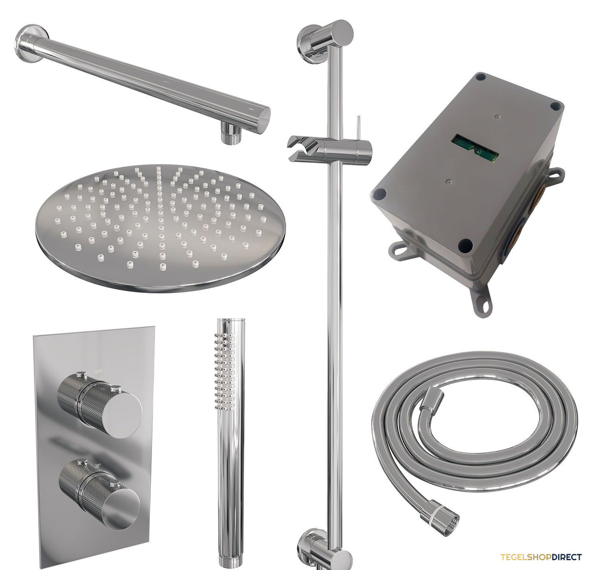 Regendoucheset Inbouw Brauer Chrome Carving Thermostatisch 30cm met 3-Weg Omstelling, Wandarm, Glijstang en Staaf Handdouche Chroom – afbeelding 4