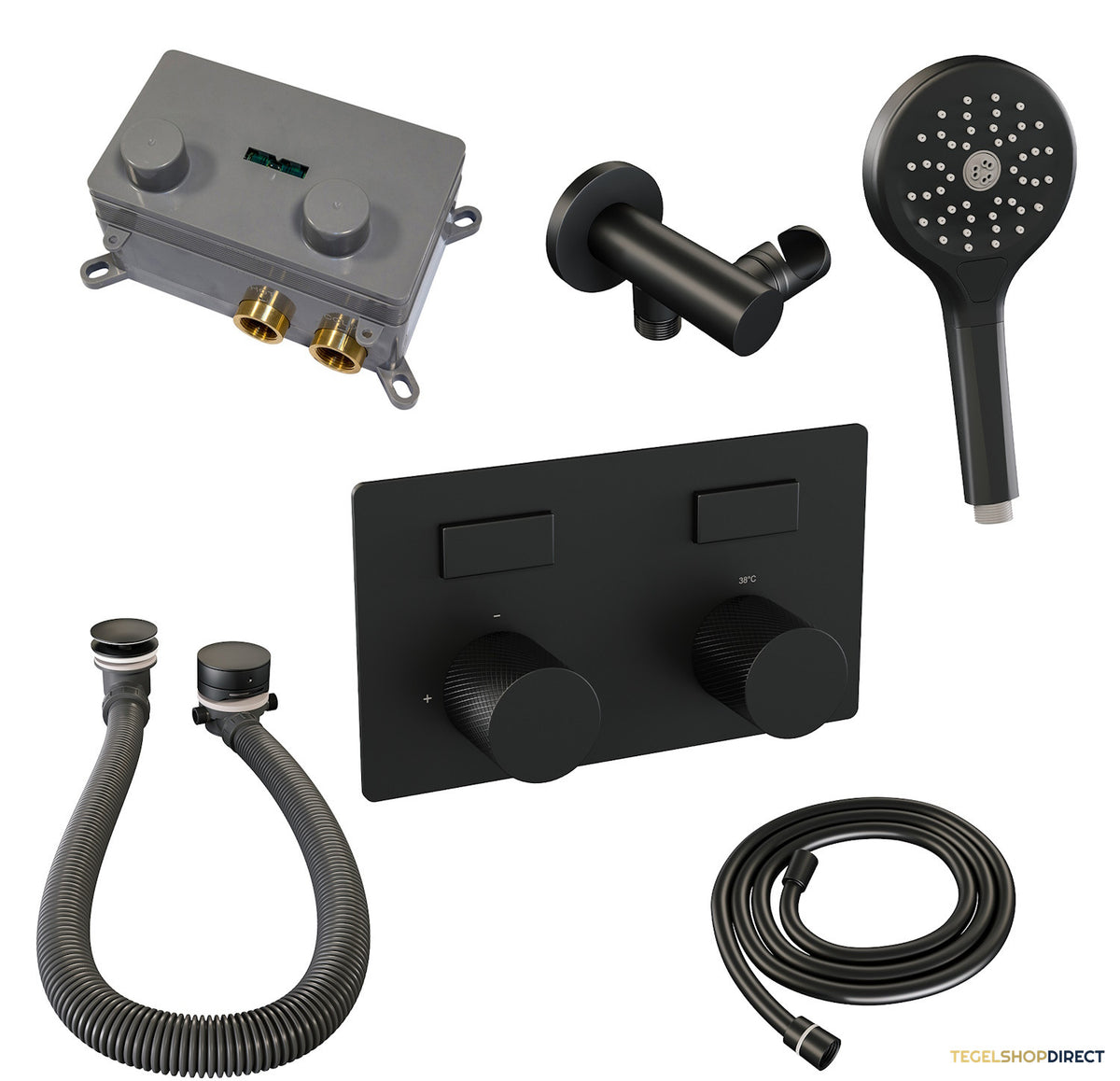 Inbouwthermostaat set Brauer Carving Met Drukknoppen Incl Baduitloop en Afvoer Mat Zwart (Keuze Handdouche) – afbeelding 6
