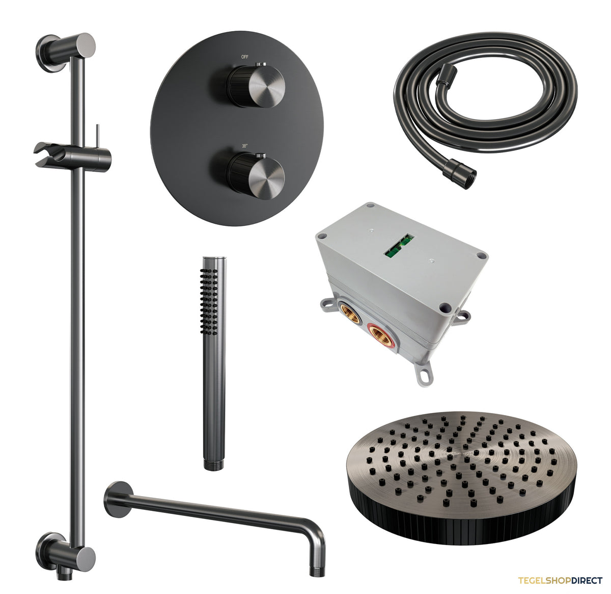 Brauer Stripe thermostatische inbouw regendouche 3-weg rond SET 44 met 25 cm douchekop en gebogen muurarm en staaf handdouche en doucheslang en geintegreerde glijstang gunmetal geborsteld PVD – afbeelding 3