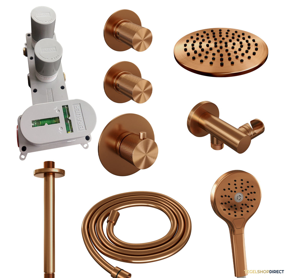 Regendoucheset Inbouw Brauer Copper Carving Thermostatisch 20cm met Plafondarm en Handdouche 3-Standen Losse Stopkranen Geborsteld Koper – afbeelding 4