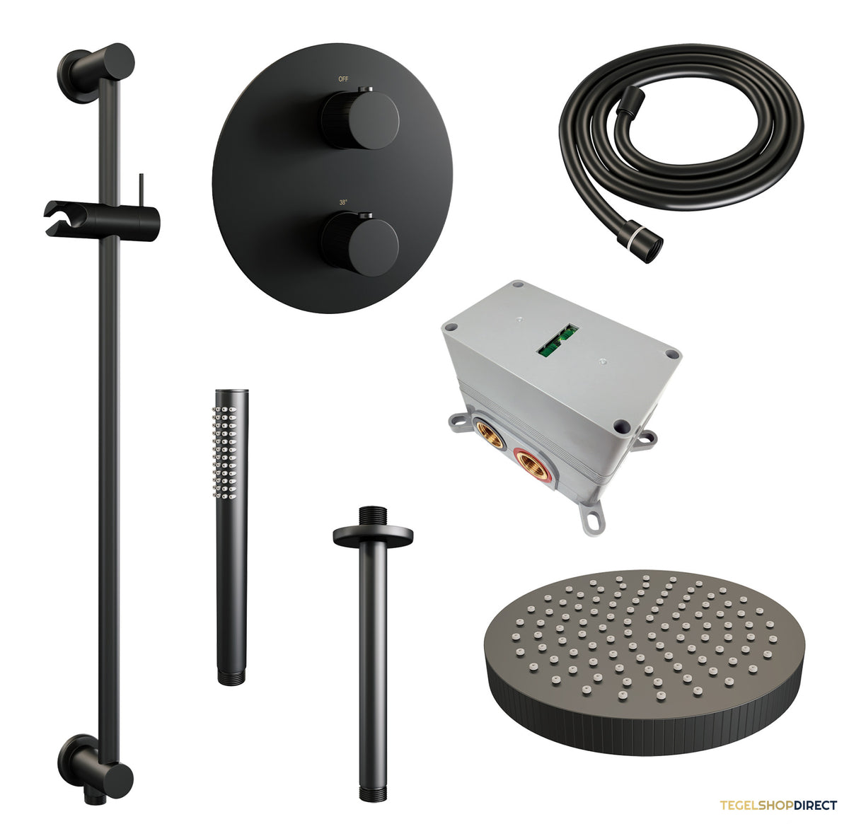 Brauer Stripe thermostatische inbouw regendouche 3-weg rond SET 45 met 25 cm douchekop en plafondarm en staaf handdouche en doucheslang en geintegreerde glijstang mat zwart – afbeelding 3