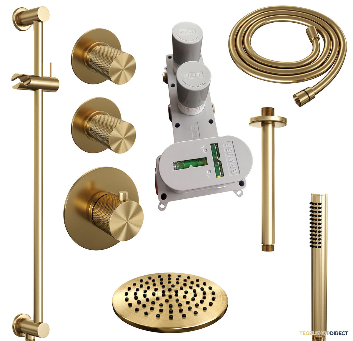 Regendoucheset Inbouw Brauer Gold Carving Thermostatisch 20cm met Plafondarm, Glijstang en Handdouche Staaf Losse Stopkranen Geborsteld Goud – afbeelding 4