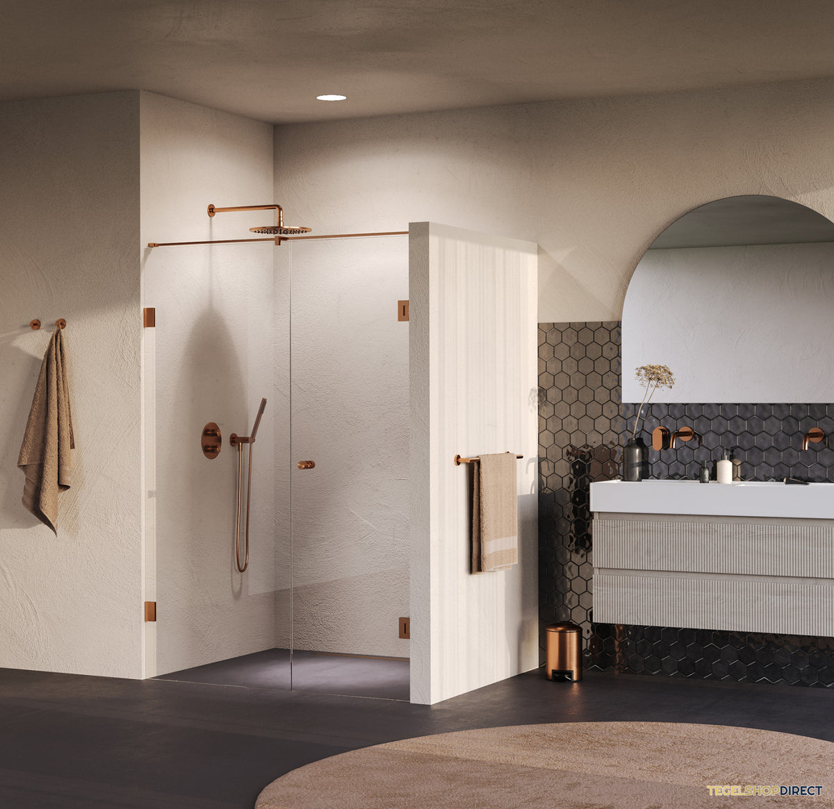 BRAUER Void Carving nisdeur 2-delig helder glas 130x200 omkeerbaar met draaideur 60 aan muur incl. glascoating PVD koper geborsteld – afbeelding 2