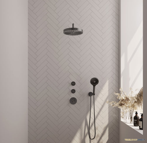 Brauer Stripe thermostatische inbouw regendouche SET 05 met 25 cm douchekop en gebogen muurarm en 3-standen handdouche en doucheslang en wandaansluitbocht gunmetal geborsteld PVD