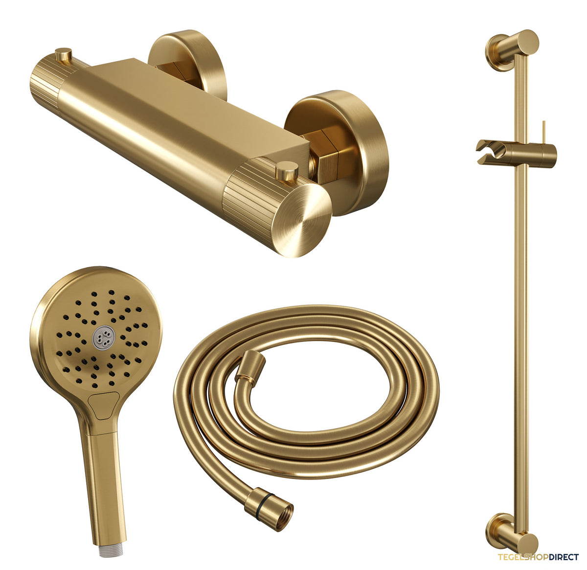 Brauer Stripe opbouw douche thermostaatkraan SET 02 met glijstang en 3-standen handdouche en doucheslang goud geborsteld PVD – afbeelding 3