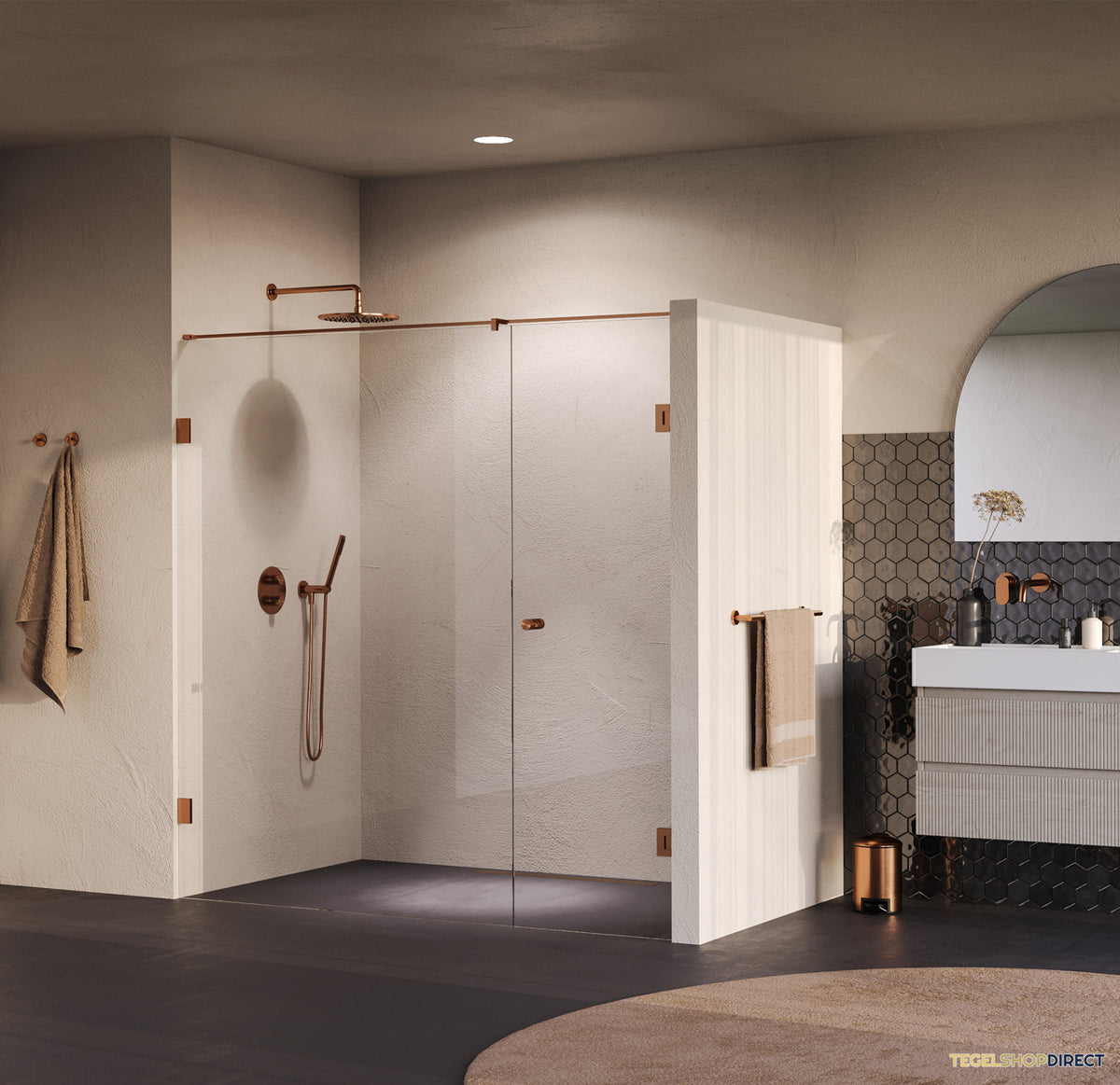 BRAUER Void Carving nisdeur 2-delig helder glas 200x200 omkeerbaar met draaideur 70 aan muur incl. glascoating PVD koper geborsteld – afbeelding 2
