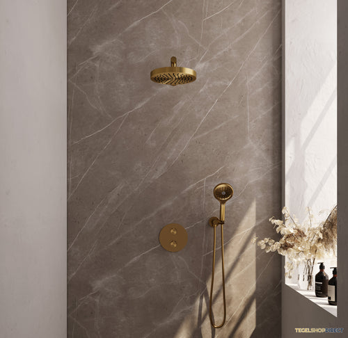 Brauer Stripe thermostatische inbouw regendouche 3-weg rond SET 40 met 25 cm douchekop en rechte muurarm en 3-standen handdouche en doucheslang en wandaansluitbocht goud geborsteld PVD