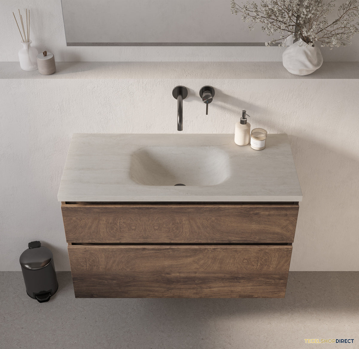 BRAUER Dune Medium wastafel 100 cm met 1 wasbak en 0 kraangaten Sintered Stone Ivory Travertin