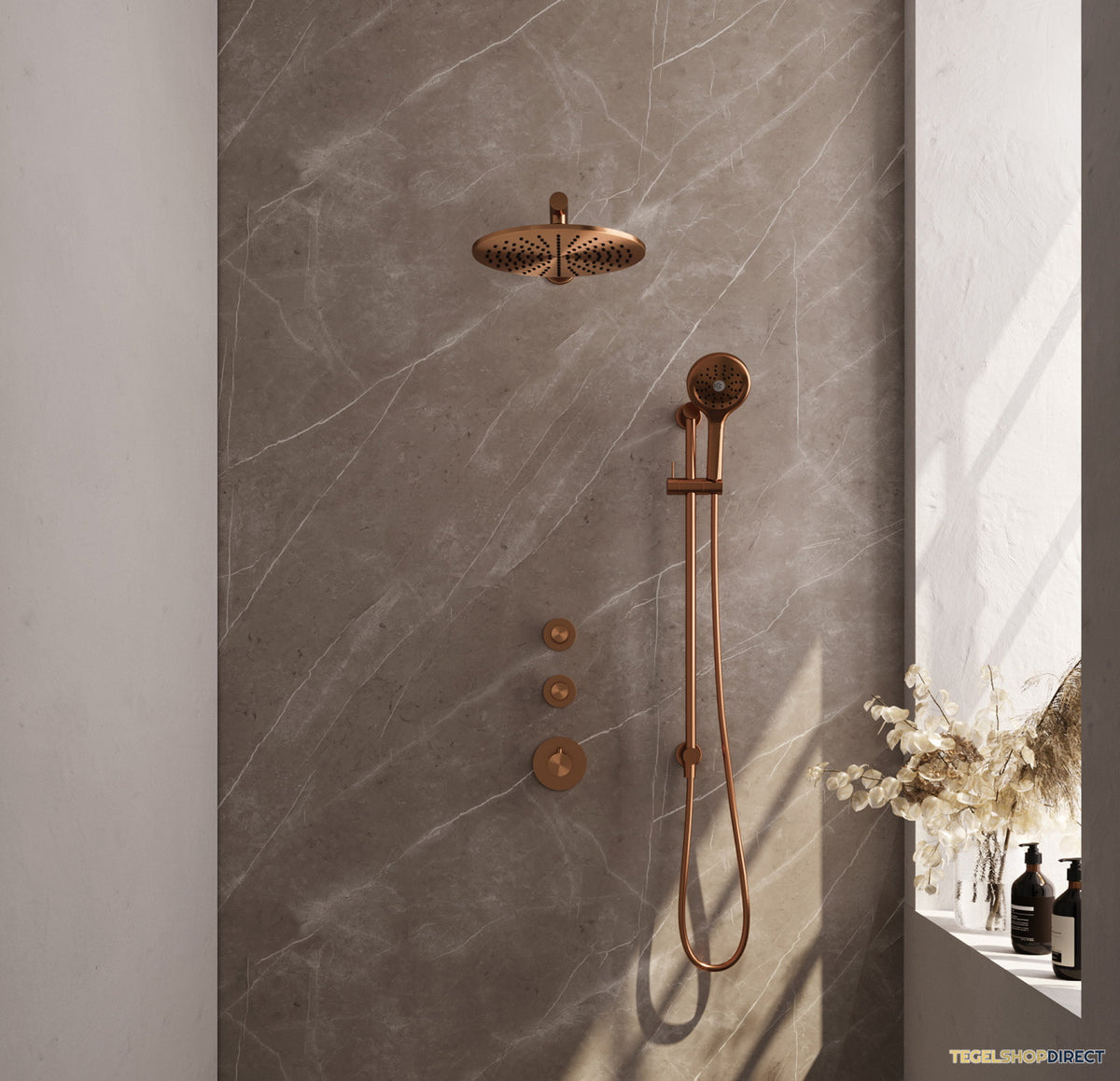 Regendoucheset Inbouw Brauer Copper Carving Thermostatisch 30cm met Wandarm, Glijstang en Handdouche 3-Standen Losse Stopkranen Geborsteld Koper
