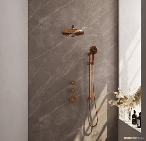 Regendoucheset Inbouw Brauer Copper Carving Thermostatisch 30cm met Wandarm, Glijstang en Handdouche 3-Standen Losse Stopkranen Geborsteld Koper