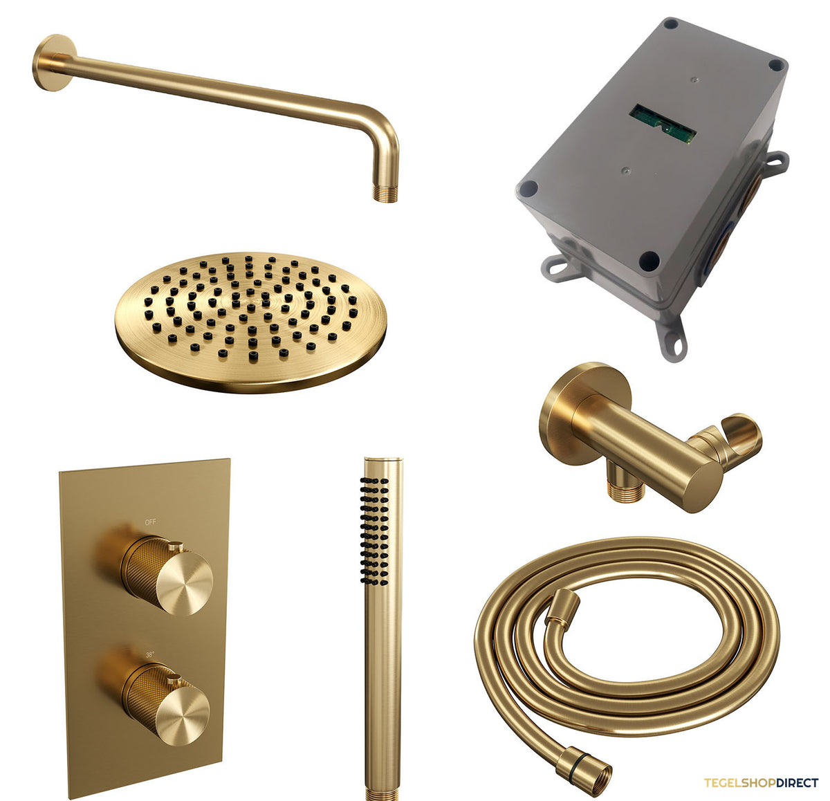 Regendoucheset Inbouw Brauer Gold Carving Thermostatisch 20cm met 3-Weg Omstelling, Gebogen Wandarm en Staaf Handdouche Geborsteld Goud – afbeelding 4