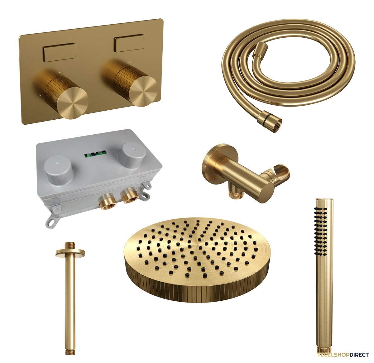 Brauer Stripe thermostatische inbouw regendouche met drukknoppen SET 27 met 25 cm douchekop en plafondarm en staaf handdouche en doucheslang en wandaansluitbocht goud geborsteld PVD – afbeelding 3