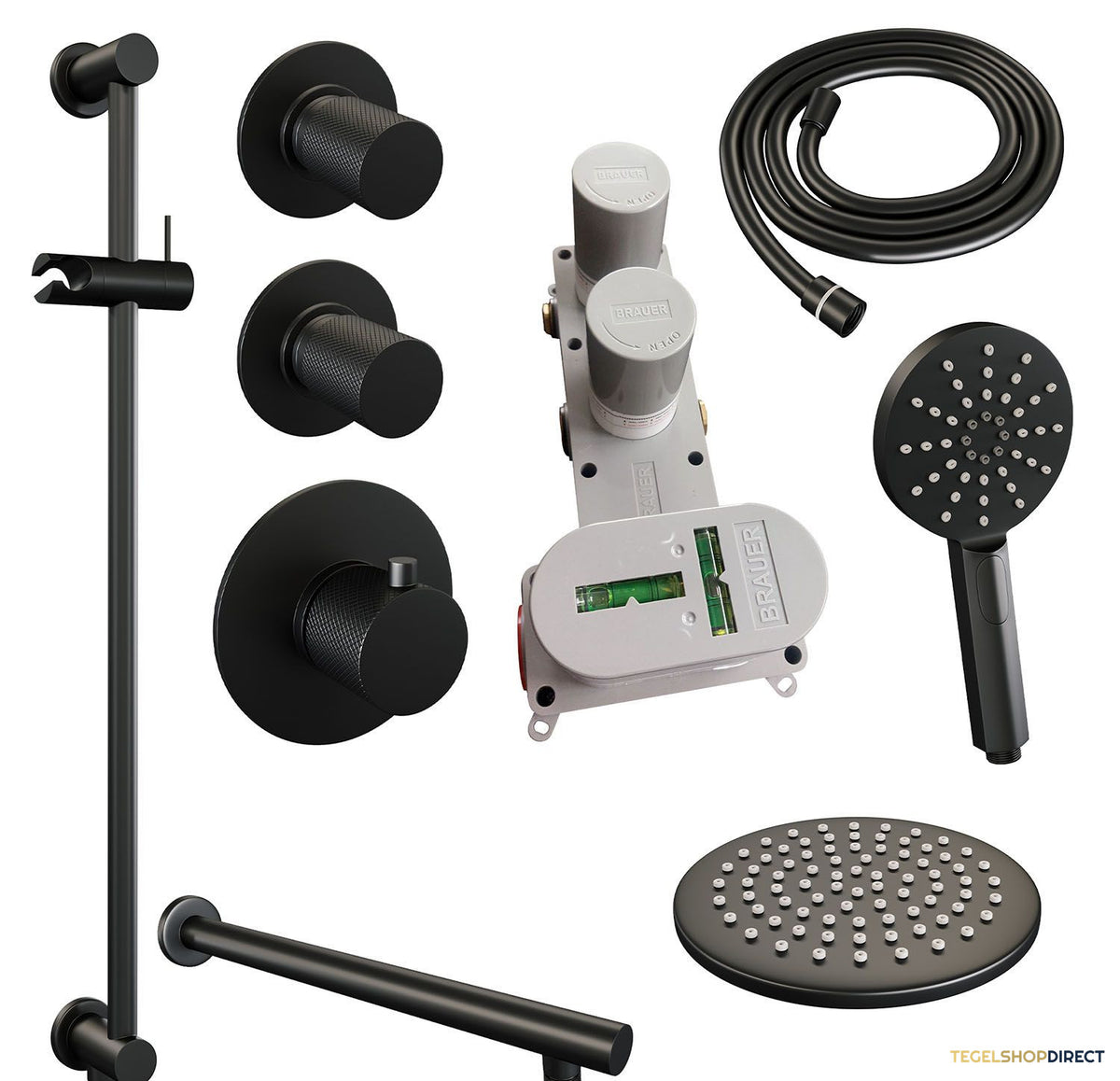Regendoucheset Inbouw Brauer Black Carving Thermostatisch 20cm met Wandarm, Glijstang en Handdouche 3-Standen Losse Stopkranen Mat Zwart – afbeelding 3