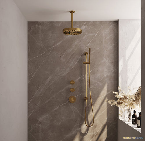 Brauer Stripe thermostatische inbouw regendouche SET 09 met 25 cm douchekop en plafondarm en staaf handdouche en doucheslang en geintegreerde glijstang goud geborsteld PVD