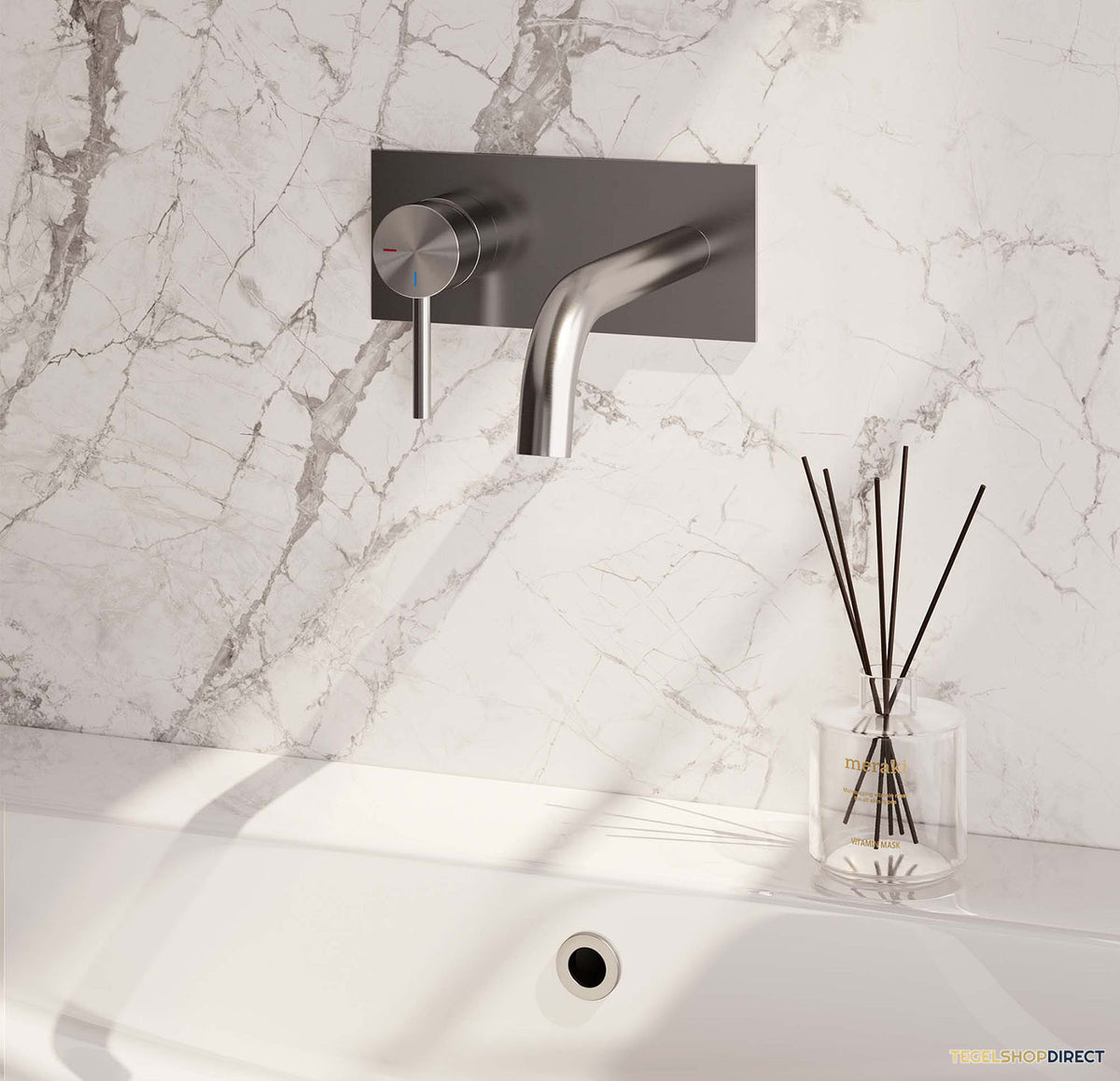 Inbouw Wastafelmengkraan Brauer Brushed Edition Coldstart Gebogen Uitloop Ronde Hendel Links Geborsteld RVS PVD Met Afdekplaat – afbeelding 2