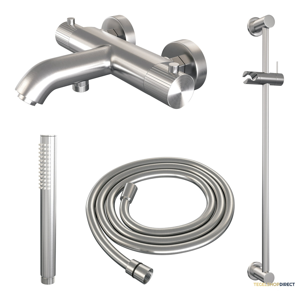 Brauer Stripe opbouw baddouche thermostaatkraan SET 01 met glijstang en staaf handdouche en doucheslang RVS-kleurig geborsteld PVD – afbeelding 2