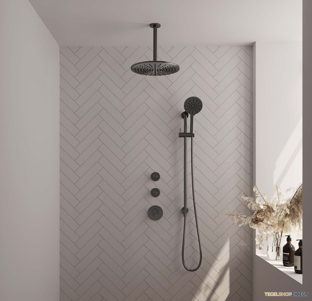 Regendoucheset Inbouw Brauer Gunmetal Edition Thermostatisch 30cm met Plafondarm, Glijstang en Handdouche 3-Standen Geborsteld Gunmetal