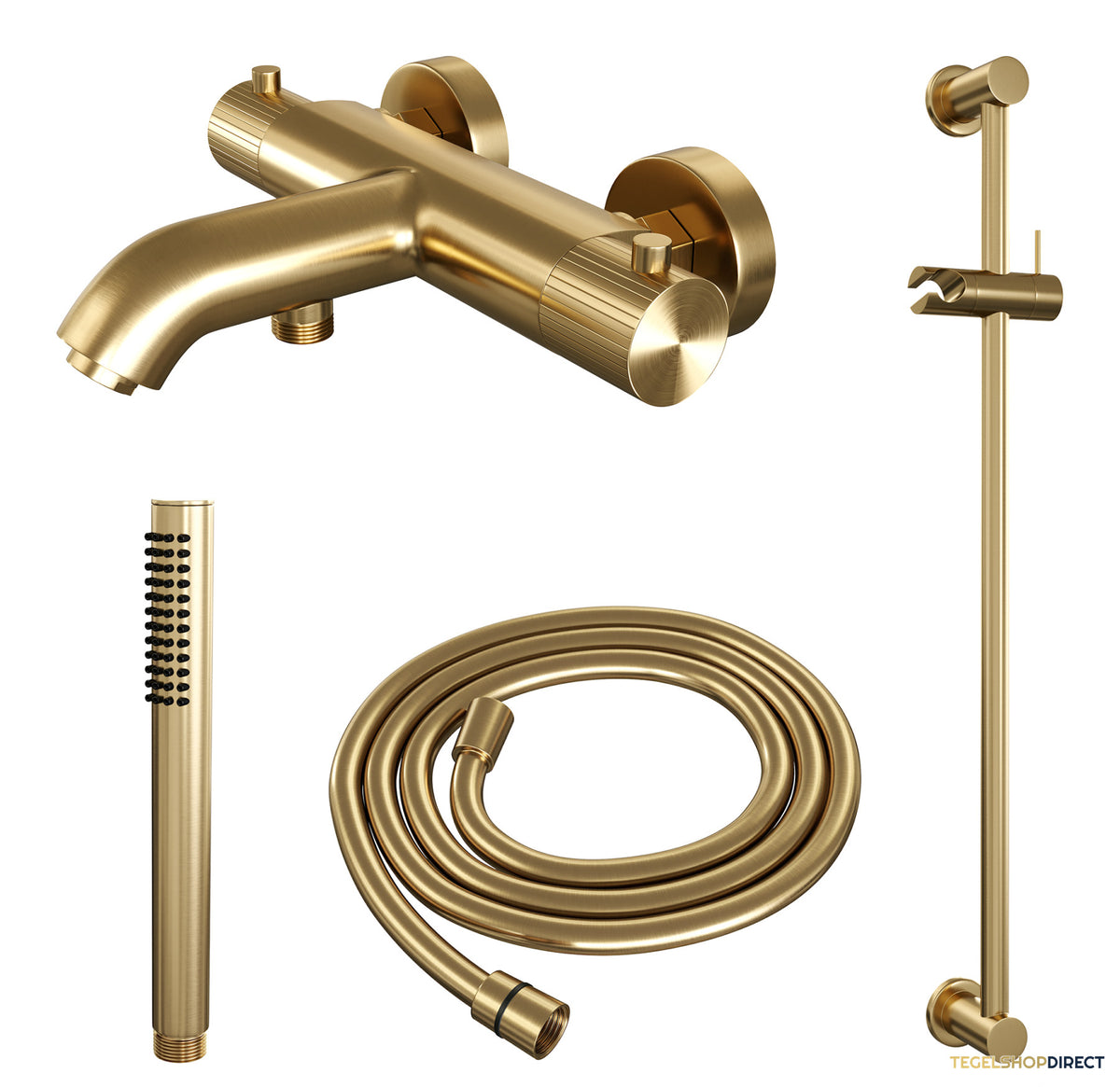 Brauer Stripe opbouw baddouche thermostaatkraan SET 01 met glijstang en staaf handdouche en doucheslang goud geborsteld PVD – afbeelding 2