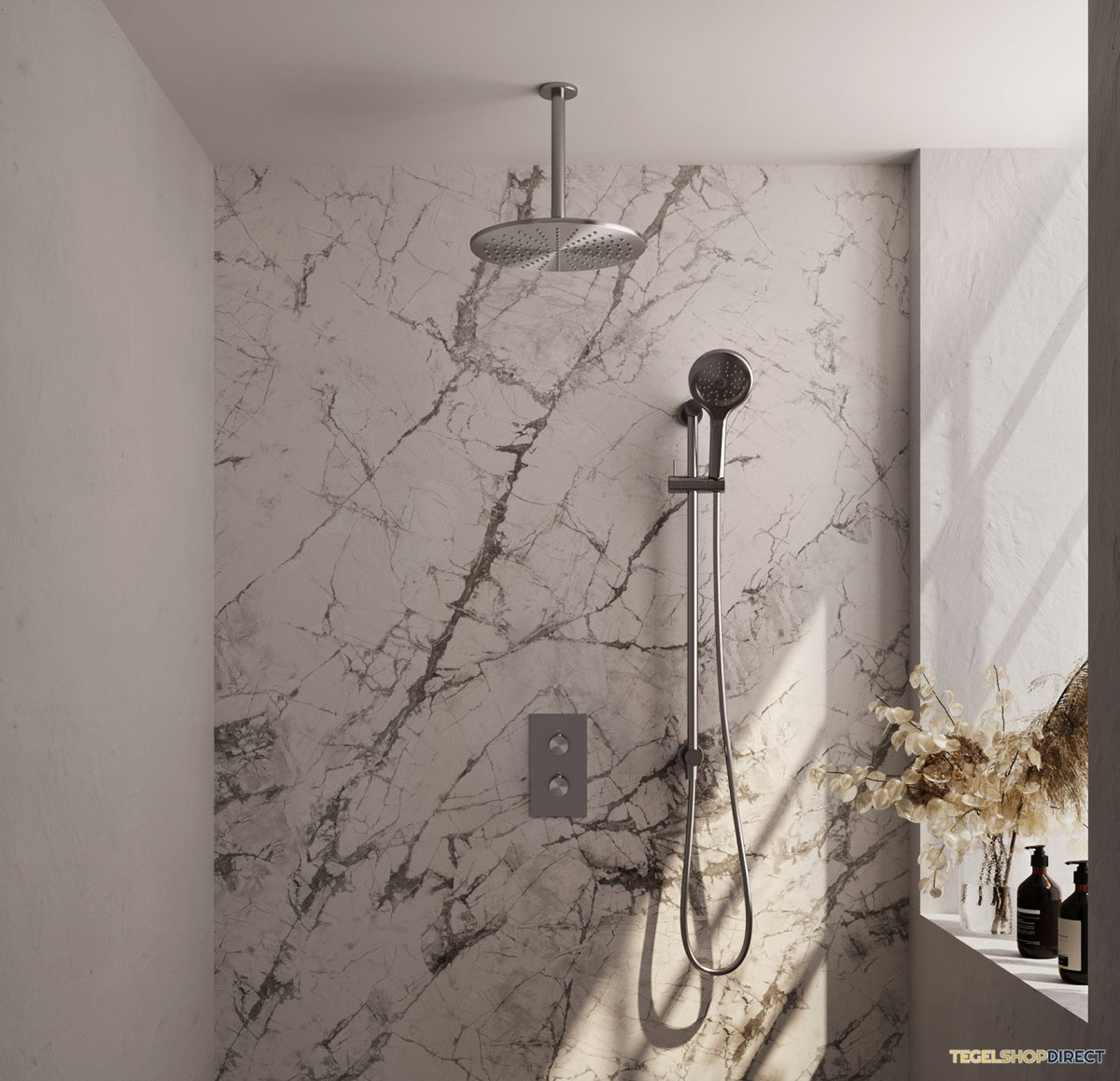 Inbouw Regendouche Set Brauer Brushed Edition Plafond Uitloop Ronde Hoofddouche 30 cm Met Handdouche 3 Standen en Glijstang RVS Look