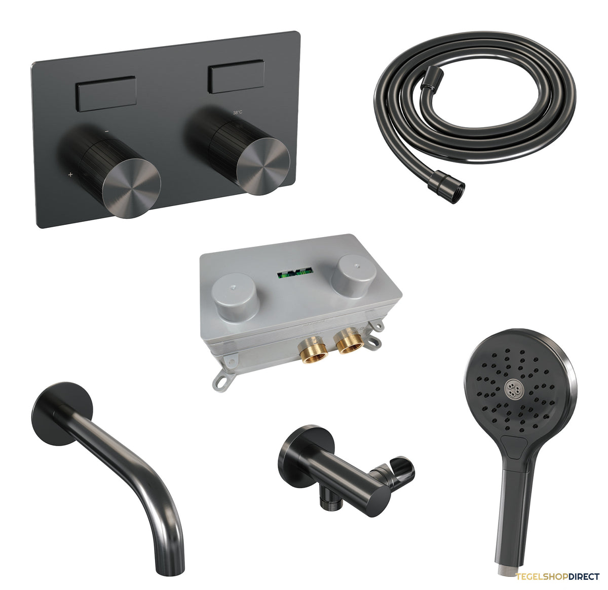 Brauer Stripe thermostatische inbouw badkraan met drukknoppen SET 04 met uitloop en 3-standen handdouche en doucheslang en wandaansluitbocht gunmetal geborsteld PVD – afbeelding 2