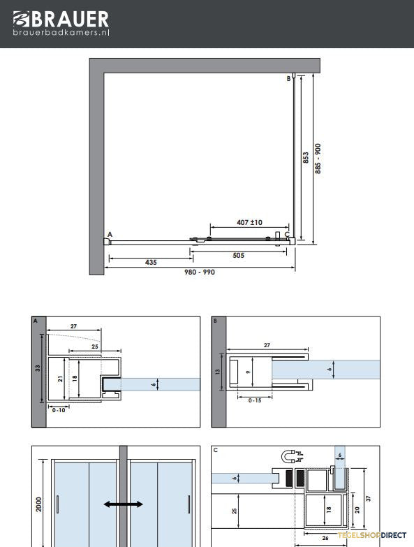 BRAUER Season douchecabine model B met schuifdeur helder glas 100x90x200 omkeerbaar incl. glascoating Season-Goud – afbeelding 4