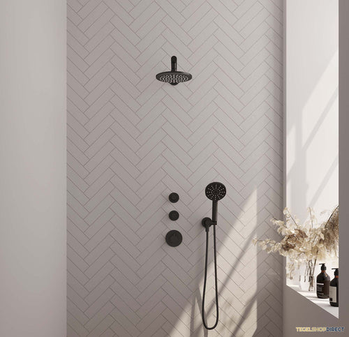 Regendoucheset Inbouw Brauer Black Carving Thermostatisch 20cm met Wandarm en Handdouche 3-Standen Losse Stopkranen Mat Zwart