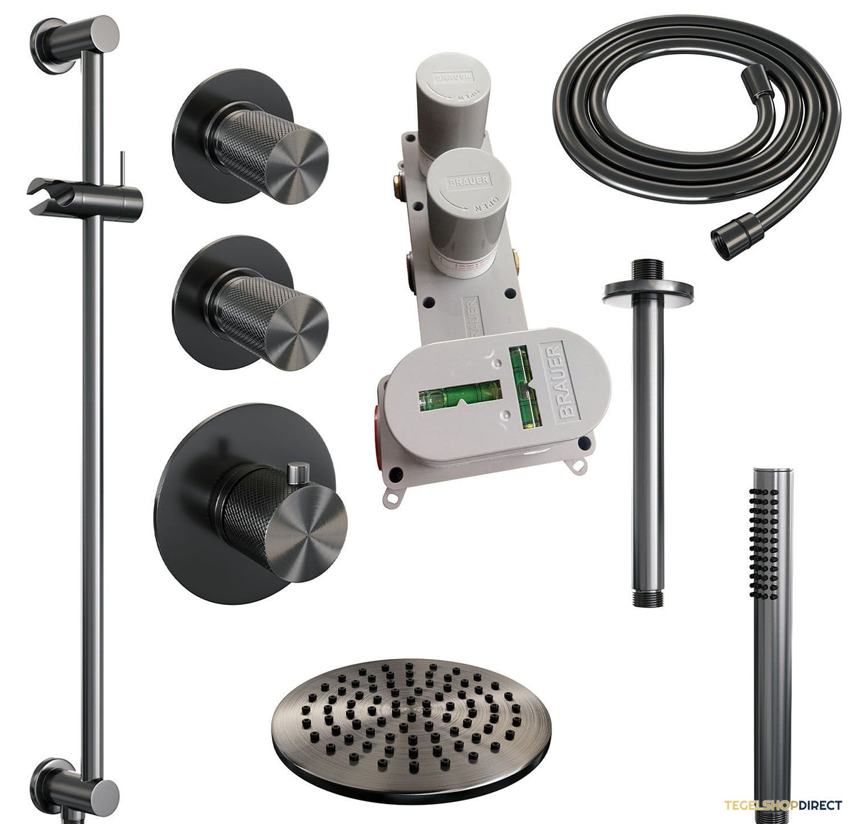 Regendoucheset Inbouw Brauer Gunmetal Carving Thermostatisch 20cm met Plafondarm, Glijstang en Handdouche Staaf Losse Stopkranen Geborsteld Gunmetal – afbeelding 4