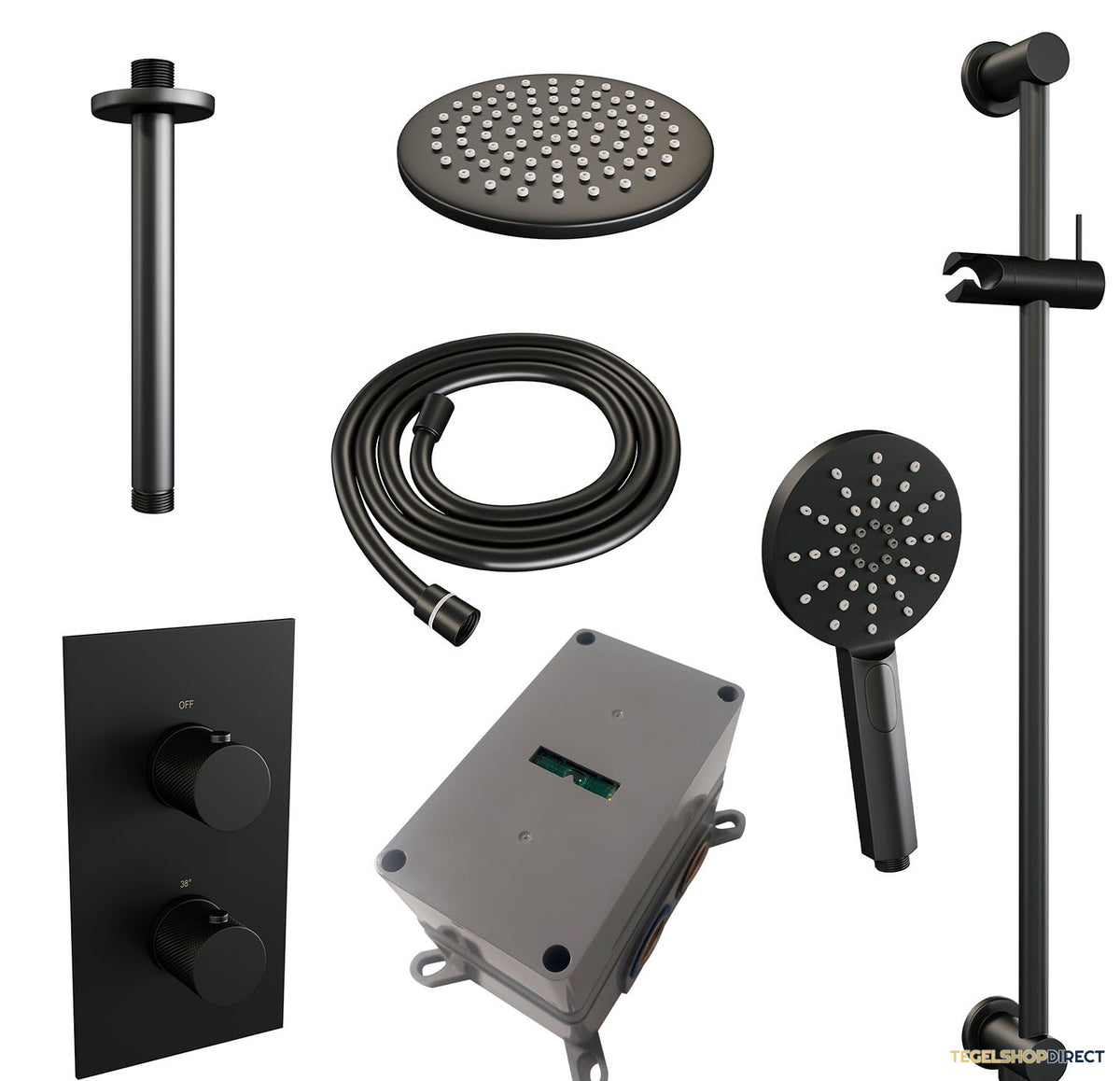 Regendoucheset Inbouw Brauer Black Carving Thermostatisch 20cm met 3-Weg Omstelling Plafondarm Glijstang en Handdouche 3-Standen Mat Zwart – afbeelding 3