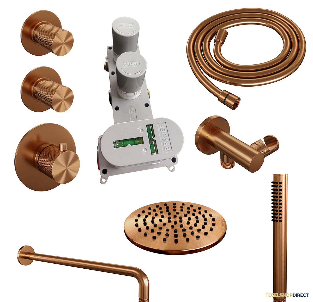 Regendoucheset Inbouw Brauer Copper Carving Thermostatisch 20cm met Gebogen Wandarm en Handdouche Staaf Losse Stopkranen Geborsteld Koper – afbeelding 3