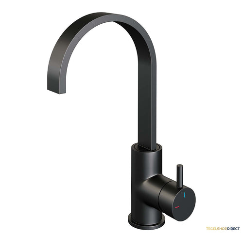 Wastafelmengkraan Brauer Black Edition Coldstart Opbouw Hoog Plat Gebogen Korte Ronde Hendel Mat Zwart