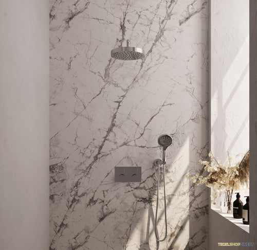 Brauer Stripe thermostatische inbouw regendouche met drukknoppen SET 29 met 25 cm douchekop en gebogen muurarm en 3-standen handdouche en doucheslang en wandaansluitbocht chroom