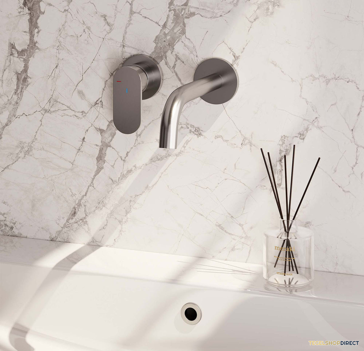 Inbouw Wastafelmengkraan Brauer Brushed Edition Coldstart Gebogen Uitloop Platte Hendel Links Geborsteld RVS PVD Met Rozetten – afbeelding 2