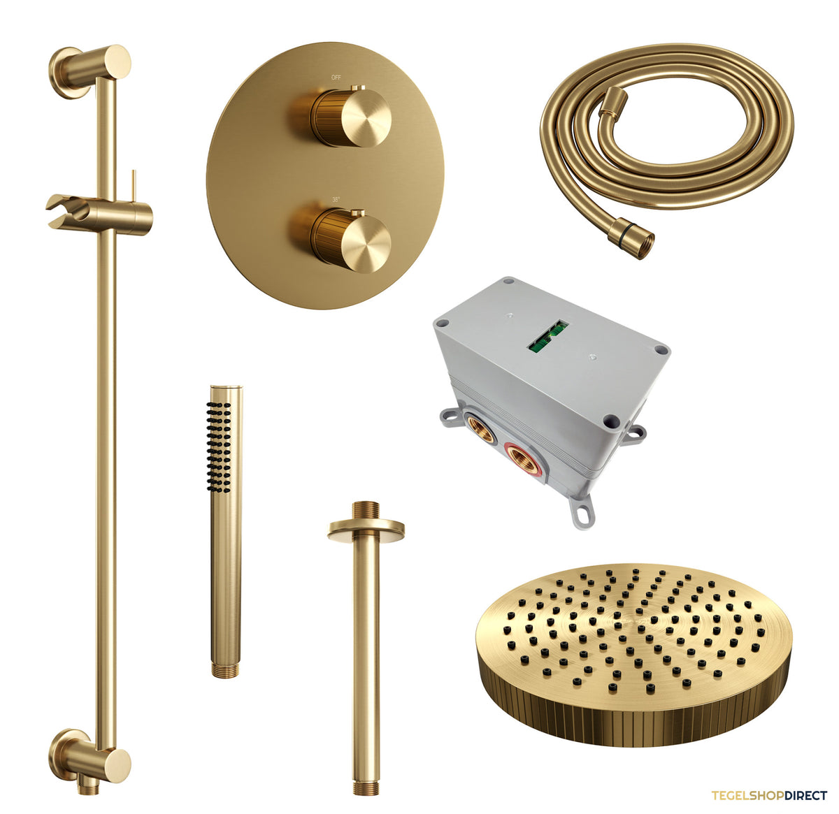 Brauer Stripe thermostatische inbouw regendouche 3-weg rond SET 45 met 25 cm douchekop en plafondarm en staaf handdouche en doucheslang en geintegreerde glijstang goud geborsteld PVD – afbeelding 3