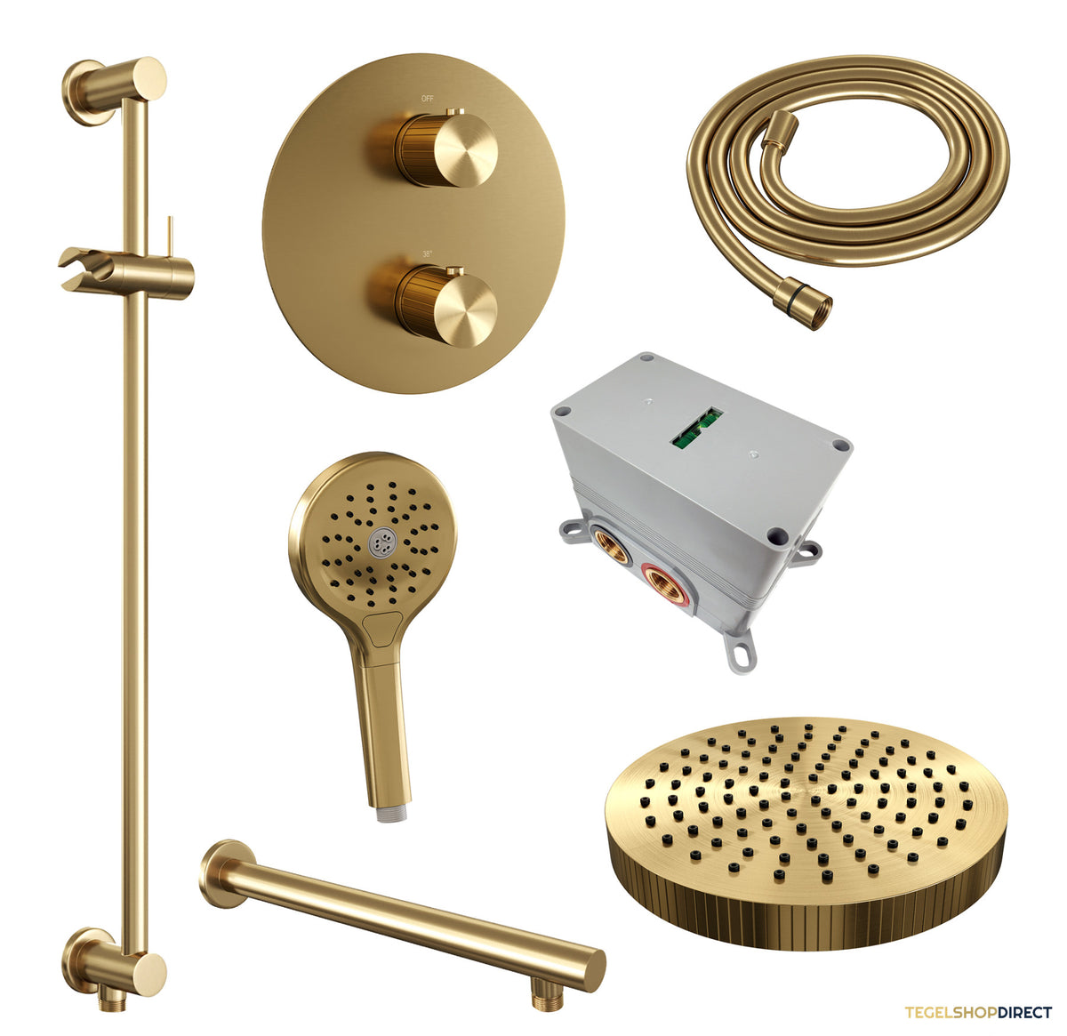 Brauer Stripe thermostatische inbouw regendouche 3-weg rond SET 46 met 25 cm douchekop en rechte muurarm en 3-standen handdouche en doucheslang en geintegreerde glijstang goud geborsteld PVD – afbeelding 3