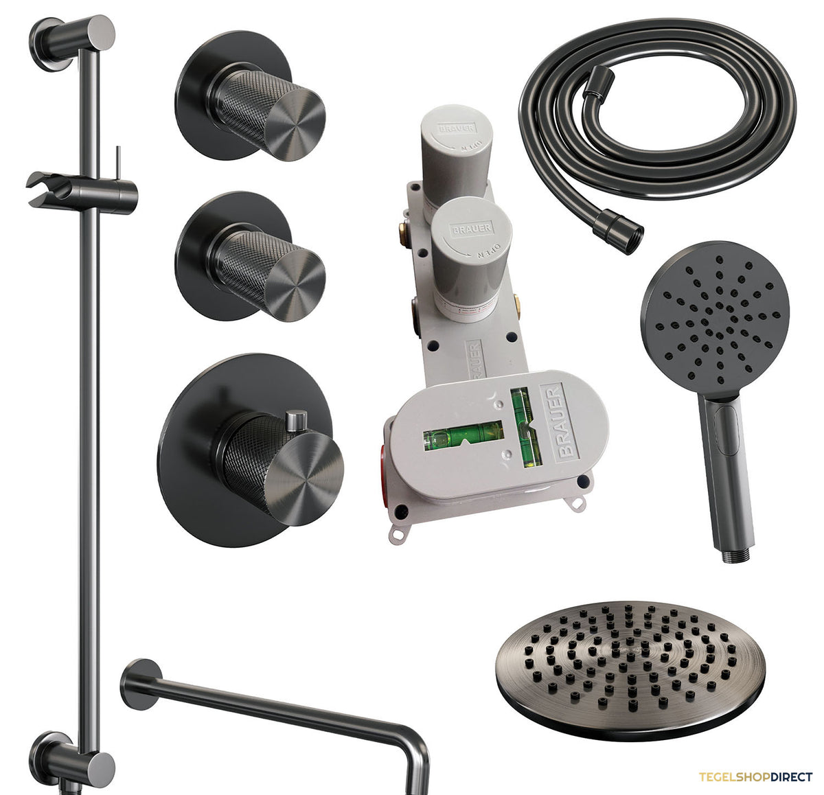 Regendoucheset Inbouw Brauer Gunmetal Carving Thermostatisch 20cm Gebogen Wandarm Glijstang Handdouche 3-Standen Losse Stopkranen Geborsteld Gunmetal – afbeelding 4