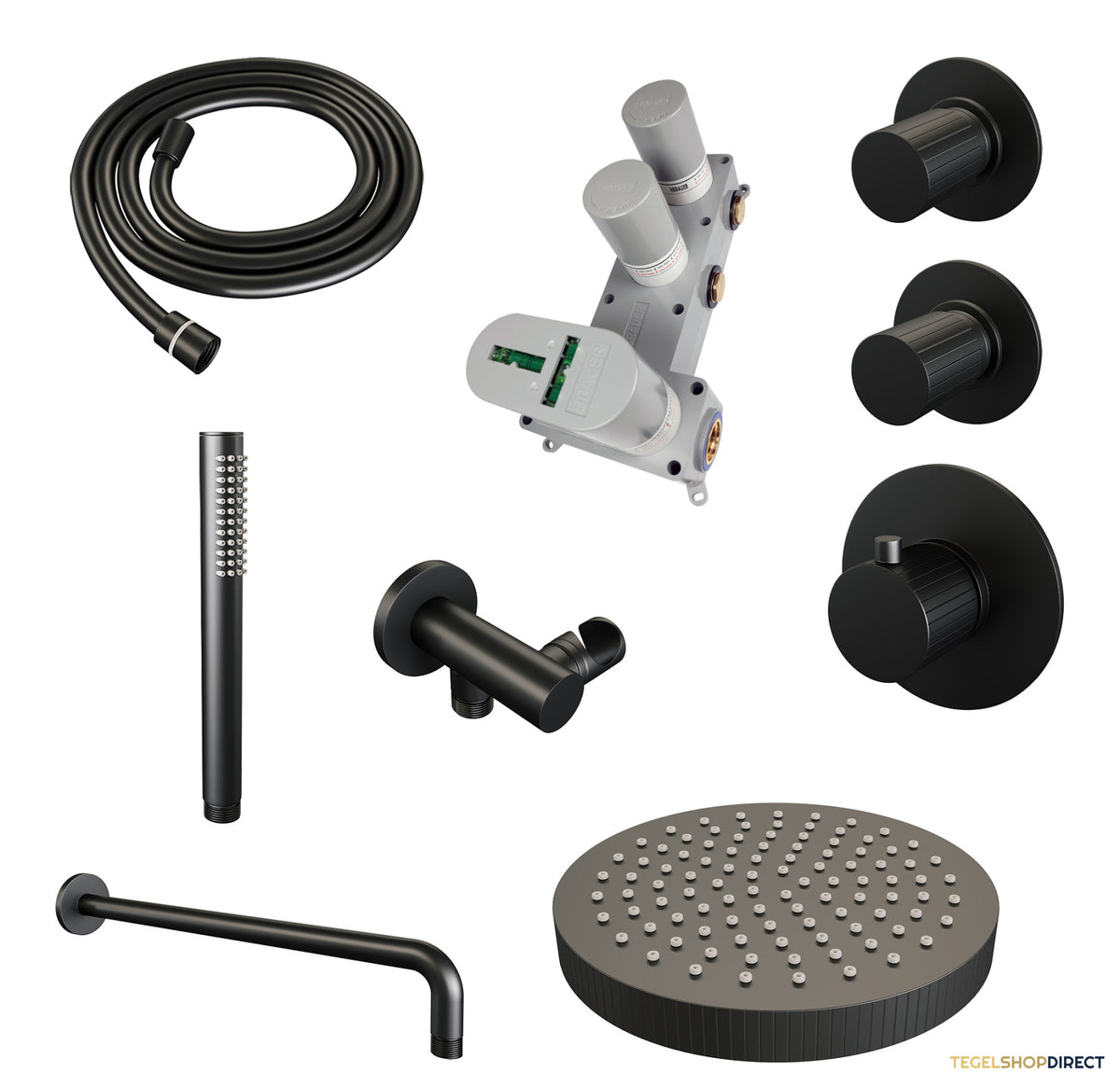 Brauer Stripe thermostatische inbouw regendouche SET 02 met 25 cm douchekop en gebogen muurarm en staaf handdouche en doucheslang en wandaansluitbocht mat zwart – afbeelding 3